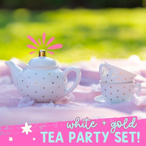Image of Porcelain Tea Set for Girls - White with Gold Polka Dots Tea Party Set for Kids I Complete Children Tea Sets with Carry Case, Teapot, Cups and More, Birthday Gift for Little Girls & Toddlers
