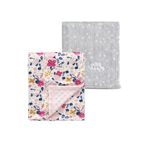 CREVENT 2枚セット 76 x 102 cm 可愛い ふわふわで温かい ベビー毛布 乳幼児用 ベビーベッド 布団 ベビーカー対応 ークラウド + ピンクの花