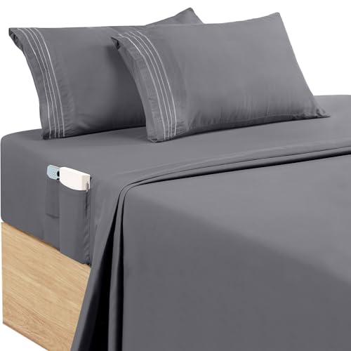 Utopia Bedding Juego de Sabanas 4 Piezas 135x190 - Microfibra De Poliéster, Sábana Bajera con Bolsillos de Almacenamiento, Sábana Plana Y 2 Fundas De Almohada Bordadas (Cama 135, Gris)