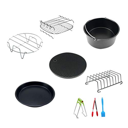 9 Stücke Fritteuse Zubehör Set Friteuse Heißluftfritteuse Pfanne Backform Pizza Pan Grillrost Grill-Ständer Untersetzer Küchenzange für