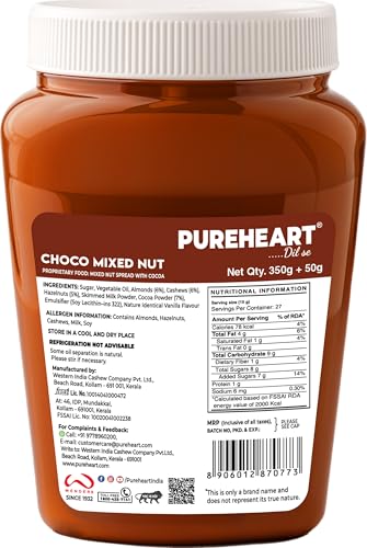Image of PUREHEART Choco Mixed Nut Spread (350 +50 gm Extra) | Nutty, Smooth and Creamy Chocolate Spread for Breakfast - No. 1 Exporter of Roasted Nuts