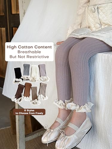 Girls Leggings Plain Ruffed Lace Crew Pants Cuffs Ribbed Lines Design Knit Cotton Casual Tights for Girls 1 Pair3