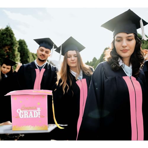 Image of Outus 2026 Grad Card Box with Tassel Congrats Graduation Cap Card Holder for Graduation Gift Box Party Supplies(Pink,Stylish)