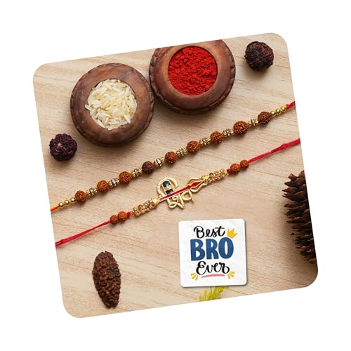 Image of eCraftIndia Set of 2 Brown and Golden Lord Shiva, Shiva Lingam, Trishul Rudraksha Rakhis, Best Bro Ever Fridge Magnet with Roli Chawal Pack - Rakhis for Brothers