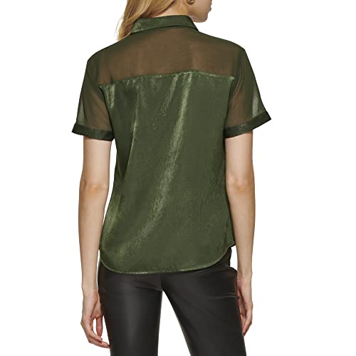 Dkny Women's Satin Easy Sheer Sleeve Top, Cadeet Green, X-Large #TOP3