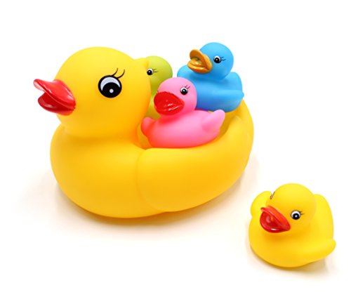 DOPHYRANIX Floating Rubber Duckies Bath Play 5 Pieces Set - Includes 1 Jumbo Mama Ducky and 4 Baby Ducks - Fun Water Tub Playing Kits(4 Colors)
