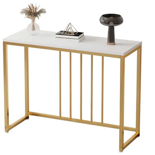 Beauenty Console Table for Entryway 100cm Entryway Table with Golden Frame Narrow Long Sofa Side Table TV Cabinet Hallway Table for Bedroom Living Room Foyer (Gold & White)