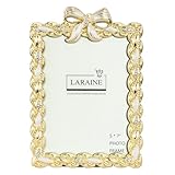 LARAINE Picture Photo Frame Ribbon Bow 5x7 inch Metal High Definition Glass Display Pictures for Tabletop Home Decorative Holiday Gift (Gold)