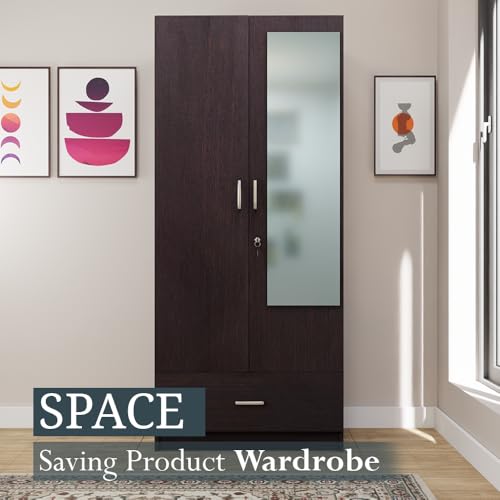 Image of VIKI Wardrobe | Wooden Almirah for 2 Door Wardrobe with 1 Drawer & Hanging Space with Mirror (Dark Wenge - 40D x 80W x 180.8H) | 1 Year Warranty | Free Assembly