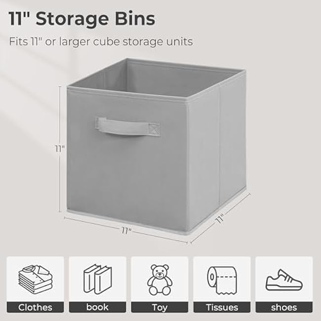 Easi 11 inch Cube Storage Bins, 6 Storage Cube Organizer, Collapsible Fabric storage cubes with Handles, Closet Storage Basket For Organization, Shelf Basket For Shelves Clothes Books, Gray