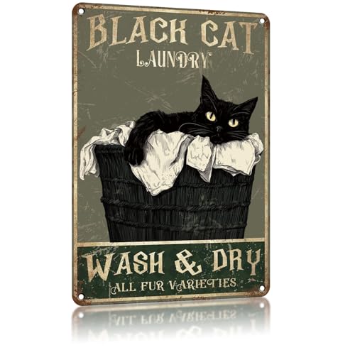 QKIODS Vintage Black Cat Metal Tin Signs Laundry Wash and Dry Funny Aluminum Sign Retro Wall Decor for Laundry Room Washroom Bathroom 8×12 Inch