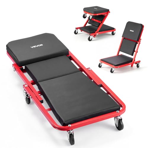 VEVOR Camilla Mecánica Taburete para Taller Plegable 92 cm con 6 Ruedas, Forma en Z, Carga Máxima de 150 kg, Marco de Acero al Carbono, Superficie de Cuero Sintético, para Reparación de Automóvil