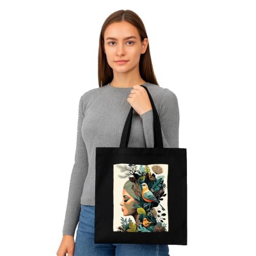 Image of Black Tote Bag With Pocket Printed Designed Canvas Tote Bags For Women large capacity,Tote bag For Shopping, College, Travel, More Canvas Handbag For Unisex Bag