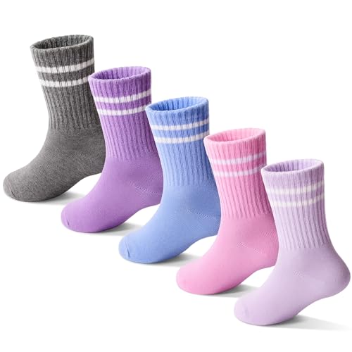 Girls Socks Kids Cotton Socks Pink Crew Athletic Socks with Hearts & Stripes 5 Pairs