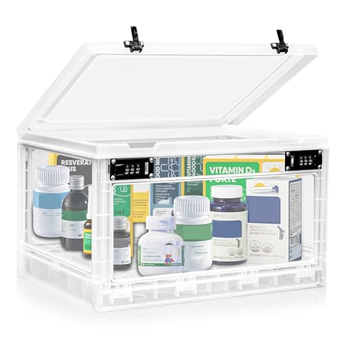 Large Medicine Lock Box with Dual 3-Digit Combination Locks 24L Lockable Storage Box for Medication Snacks Phone and Electronics - BPA-Free Organizer Bin for Home Office Fridge and Safety