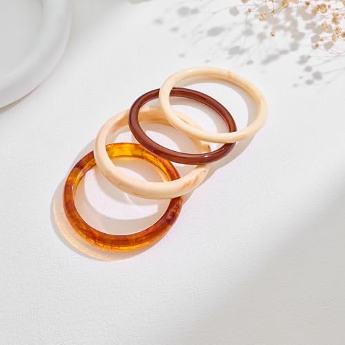 WOWORAMA 4 Pcs Resin Acrylic Bangle Bracelets Set for Women Thin Cream White Acetate Resin Bangles Stackable Round Brown Tortoise Acrylic Bracelet