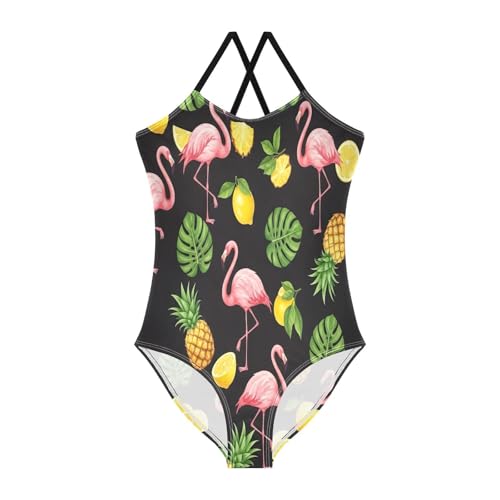 Girl Bathing Suits 3-10 Y Beach Bathing Suits Girls, Tropical Pineapples Flamingos Black
