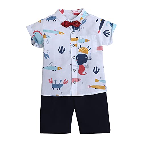 Hopscotch Baby Boys Cotton Animal Print Shirt And Shorts Set In White Color For Ages 12-18 Months (YAH-2945688)