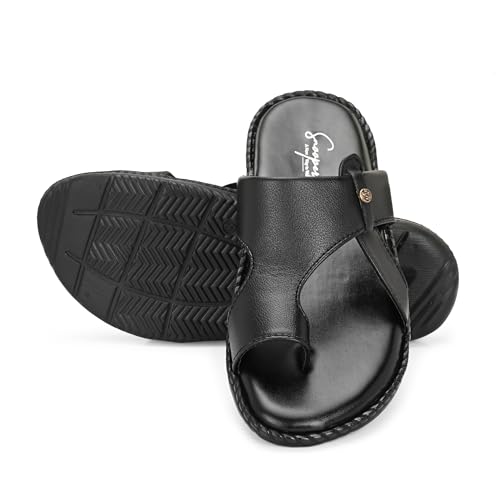 Image of Men's Leather Look Stylish Slippers with Toe Ring for Diwali, Festive & Ethnic Wear | Premium Synthetic Leather Chappals with Cushioned Footbed & Durable Anti-Slip Sole