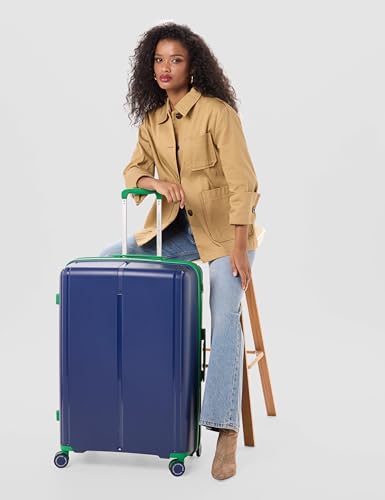 Image of United Colors of Benetton Polyester Hard Shell 8 Spinner Wheels Luggage Trolley, Cargo, Emerald Plus, Navy, Large, 76 cm