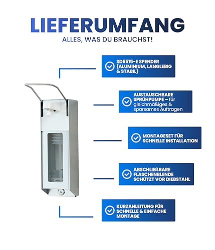 Hygiene365 Desinfektionsmittelspender Aluminium, Eurospender 500-1000ml – Wandhalterung, Langer Armhebel, abschließbar, für Seife & Desinfektionsmittel, hygienisch & stabil (Mit Flaschenblende)