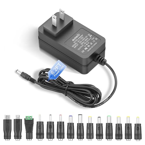 ALITOVE 12V DC Power Supply 1A 12W AC Adapter 100-240V 50-60hz to 12 Volt 1Amp 0.5A Transformer Power Cord 6.5FT 5.5 x 2.5mm 2.1mm Plug with 14 Tips for LED Strip Light CCTV Security Camera and More