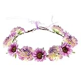June Bloomy Rose Flower Leave Crown Bridal Halo Headband with Adjustable Ribbon (A Purple)