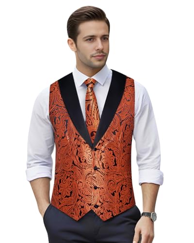 Image of DiBanGu Mens Paisley Suit Vest Silk Jacquard Waistcoat and Necktie Set Formal Shawl Collar Dress Vest 7PCS for Wedding Party