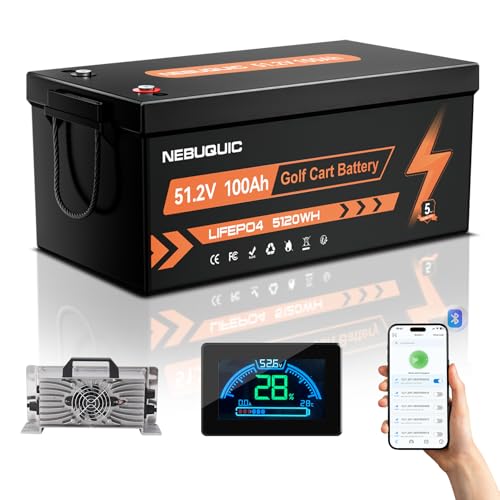 Image of 48V(51.2V) 100Ah LiFePO4 Lithium Battery for Golf Cart, 200A BMS 48 volt golf cart batteries with Bluetooth&APP Function, LCD Monitor Display, 48V 18A Charger, Peak Current 800A