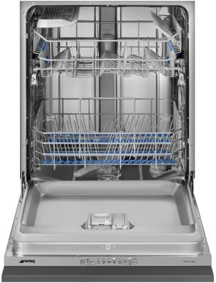 Inu ilohunsoke view of the SMEG STL281DS dishwasher loaded with dishes, showing upper and lower baskets and cutlery basket.