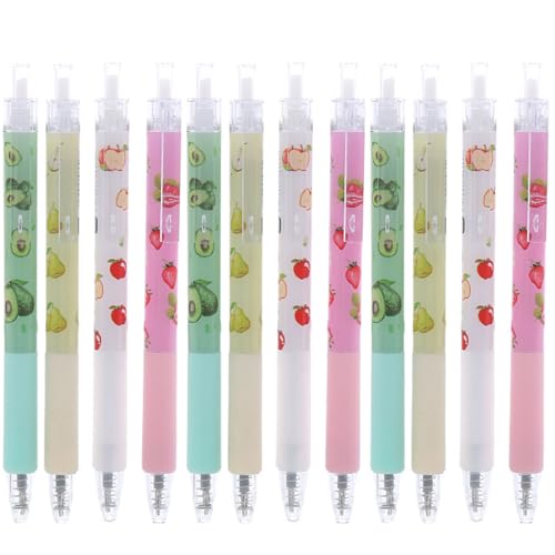 12 bolígrafos gel con diseño de frutas, tinta negra 0.5 mm