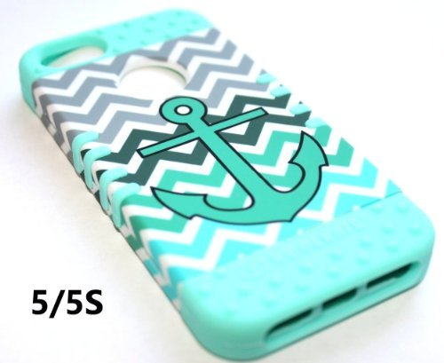 Cellphone Trendz Hybrid Rocker Case for Apple iPhone 5, 5s, 5g - Teal Anchor Chevron Design Case with Teal Silicone Skin