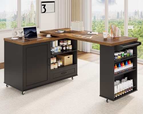 Image of Rolling Kitchen Island with 360 Swivel Tabletop, Large Kitchen Island Table with Power Outlet, Mobile Kitchen Island Cart with Storage Cabinets for Kitchen & Office, Black and Rustic Brown
