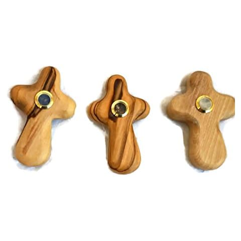 3 Mini Olive Wood Holding Comfort Hand Cross with Vial of Holyland Earth- Made in Bethlehem Cover