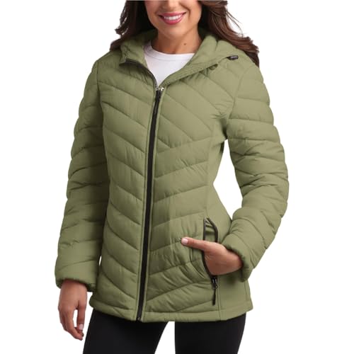 Image of Reebok Womens Puffer Jacket - Midweight Quilted Puffer Jacket with Hood, Cypress Green, L