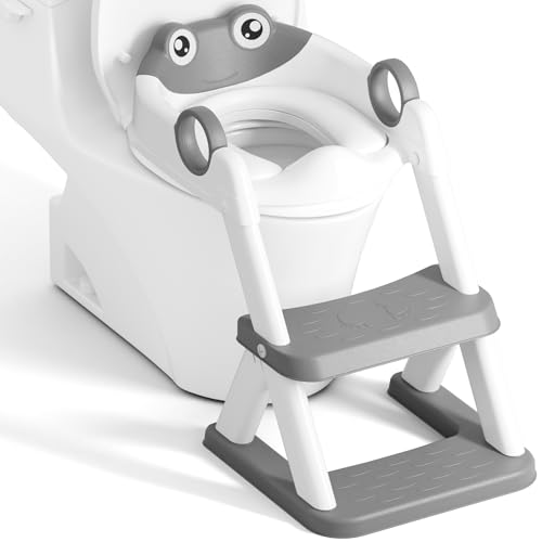 Rabb 1st Potty Training Seat, Upgrade Toddler Toilet Seat for Kids Boys Girls, 2 in 1 Potty Training Toilet, Splash Guard Anti-Slip Pad Step Stool(Grey-Frog)