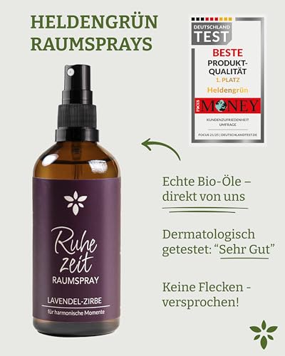 Heldengrün® Kissenspray zum Einschlafen 'Ruhezeit' [ECHTE BIO-ÖLE] Dermatologisch getestet - Kopfkissenspray mit Bio-Lavendel & Zirbe - Schlafwohl Kissenpray