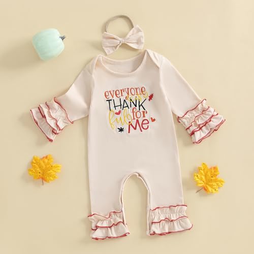 Newborn Baby Girl Thanksgiving Outfit Turkey Letters Embroidery Romper Jumpsuit Long Sleeve Bodysuit with Headband3