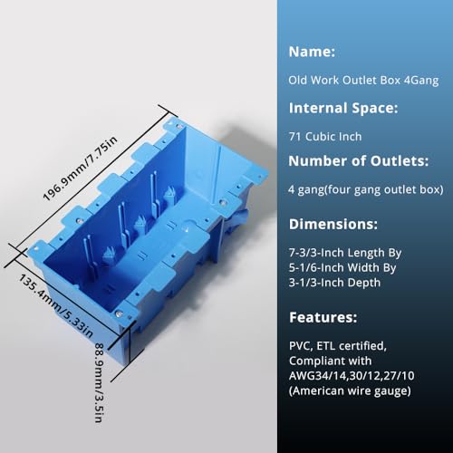 Image of 4 Gang Old Work Electrical Box,Blue,71 Cu.in.Switch /Outlet Box,3 Pack | Features ,7-3 /4-Inch Length by 5-1 /3Inch Width by 3-1 /2Inch Depth,PVC Old Work Outlet Box for Constructions, ETL Certified