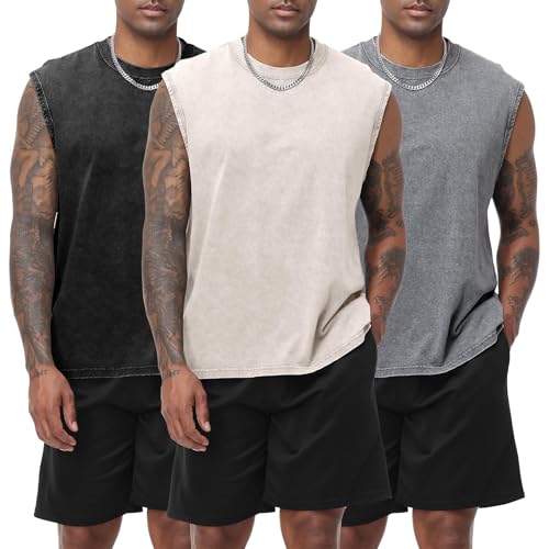 Eisctnd 3 Pack Men's Cotton Sleeveless Muscle Tank Tops Vintage Acid Wash Cutoff Loose Workout Tee Shirts Running