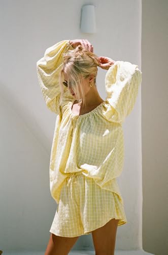 Image of Women Plaid Bubble Oversize Long Sleeve Top Shorts 2 Piece Cozy Beach Vacation Outfits Lounge Set Tracksuits