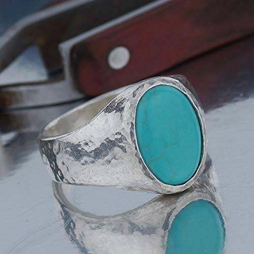 Atlantisfinejewels Hammered Unisex Turquoise Gemstone Men's Ring Handmade 925 K Sterling Silver Turkish Artisan Jewelry By Omer (9) #TOP4