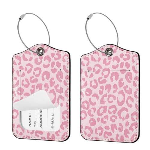 Seorsok 2 PCS Luggage Travel Tags for Suitcases Cute Pink Leopard PU Leather Name Tag with Privacy Cover&ID Label Address Card and Durable Metal Ring Suitable for Men Women Handbags Backpack Pink