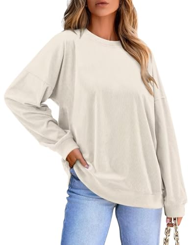 KISSMODA Women's Casual Long Sleeve Sweatshirt Color Block/Solid Crewneck Corduroy Pullover Cute Tops