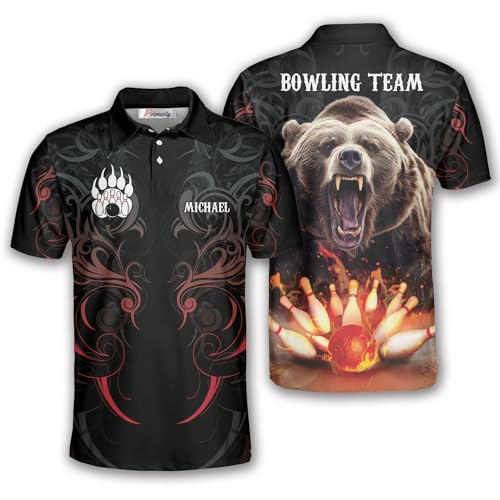 PRIMESTY Custom Bowling Shirts for Men and Women, Bear Bowling Polo Shirts, Personalized Bear Bowling Jerseys