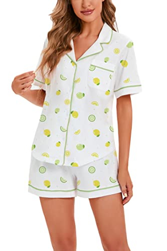Image of LUBOT 100% Cotton Women's Pajamas Set PJ Set Button-Down Short Sleeve 2 Piece Set Printed Patterned Summer Night Suit Sleepwear Loungewear (Lemon, S)