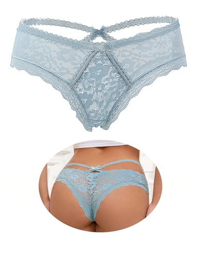 ohyeahlady Plus Size Sexy French Knickers Women High Waisted Lace Thongs Cheeky Panties Sheer Brazilian Knickers Hipster Underwear 1 Pack Light Blue Size UK 8 10