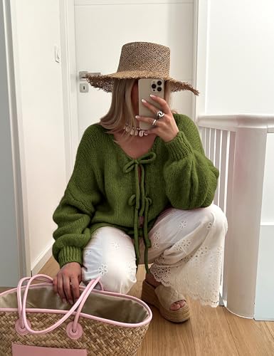 Image of SKIKYAN Women Bowtie Oversized Knit Sweater Cardigan Y2K Long Sleeve V Neck Open Front Casual Knitwears