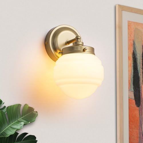 Image of Mid Century Wall Light, Vintage Wall Sconce, Gold Vanity Sconce, Milk Glass Wall Lamp for Bathroom Hallway Kitchen Bedroom Living Room Stairway (Hardwired, E26)