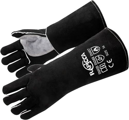 RAPICCA Kaminhandschuhe, 662 °F, Feuerfestes Leder, 35.6cm, Schwarz | Für Holzofen, Lagerfeuer, Holzkohle, Gusseisen, BBQ-Grill, Backofen, Elektroden- & MIG-Schweißen, Schmiede & T